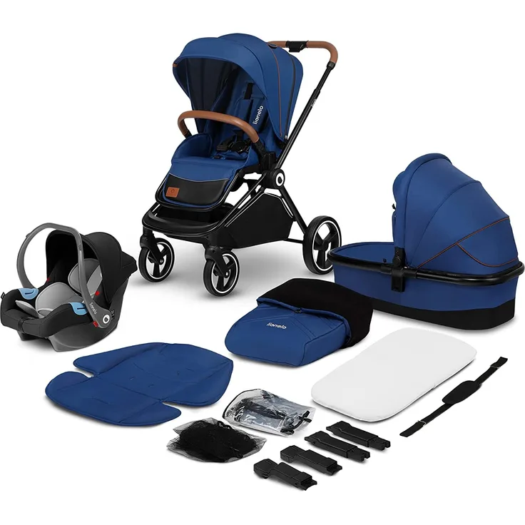 LIONELO Mika 3in1 Set Kinderwagen, Babywanne, Babyschale. Im Set Moskitonetz, Fußabdeckung, Regenschutz. Wartungsfreie Gummiräder. Leichte Konstruktion (BLUE NAVY)