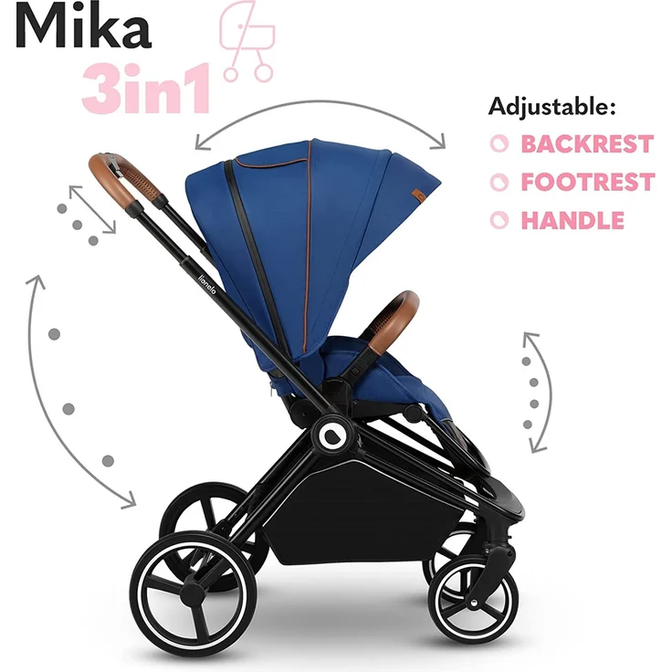 LIONELO Mika 3in1 Set Kinderwagen, Babywanne, Babyschale. Im Set Moskitonetz, Fußabdeckung, Regenschutz. Wartungsfreie Gummiräder. Leichte Konstruktion (BLUE NAVY) – Bild 4