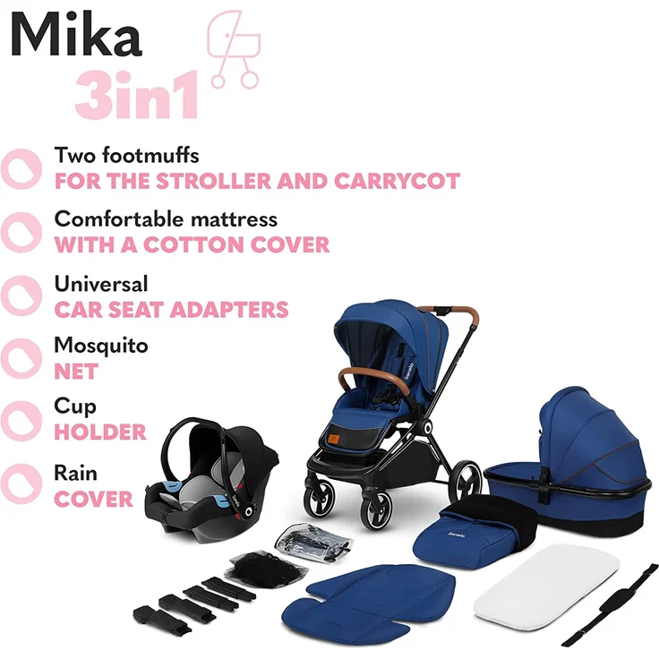 LIONELO Mika 3in1 Set Kinderwagen, Babywanne, Babyschale. Im Set Moskitonetz, Fußabdeckung, Regenschutz. Wartungsfreie Gummiräder. Leichte Konstruktion (BLUE NAVY) – Bild 9