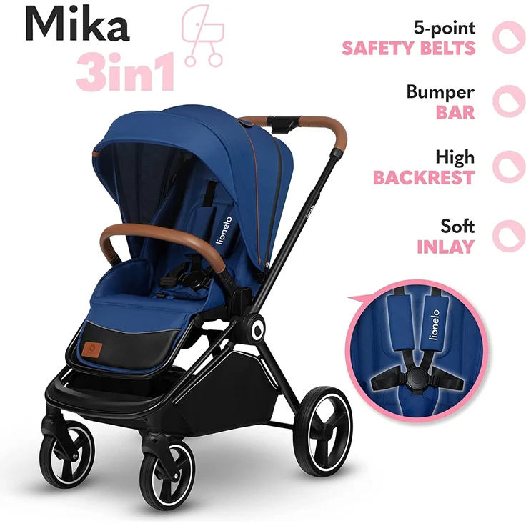 LIONELO Mika 3in1 Set Kinderwagen, Babywanne, Babyschale. Im Set Moskitonetz, Fußabdeckung, Regenschutz. Wartungsfreie Gummiräder. Leichte Konstruktion (BLUE NAVY) – Bild 6