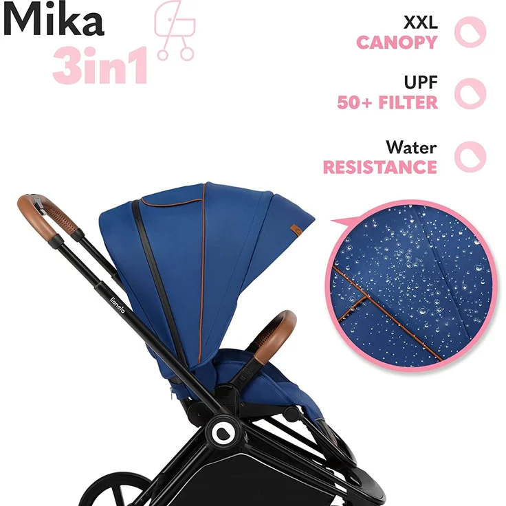 LIONELO Mika 3in1 Set Kinderwagen, Babywanne, Babyschale. Im Set Moskitonetz, Fußabdeckung, Regenschutz. Wartungsfreie Gummiräder. Leichte Konstruktion (BLUE NAVY) – Bild 5