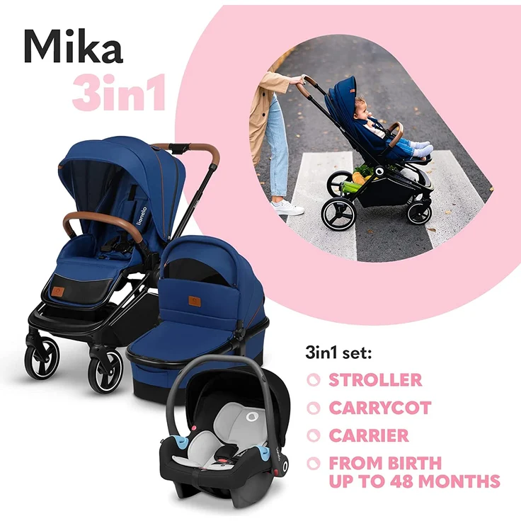 LIONELO Mika 3in1 Set Kinderwagen, Babywanne, Babyschale. Im Set Moskitonetz, Fußabdeckung, Regenschutz. Wartungsfreie Gummiräder. Leichte Konstruktion (BLUE NAVY) – Bild 3