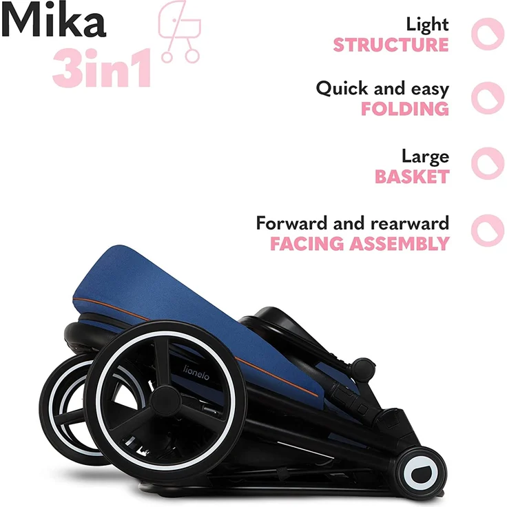 LIONELO Mika 3in1 Set Kinderwagen, Babywanne, Babyschale. Im Set Moskitonetz, Fußabdeckung, Regenschutz. Wartungsfreie Gummiräder. Leichte Konstruktion (BLUE NAVY) – Bild 7
