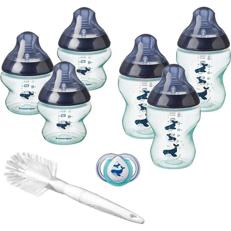 Tommee Tippee Babyfläschchen Set Closer to Nature für Neugeborene, Anti-Kolik Ventil, weicher Sauger, Weiß Mik Dekorationen