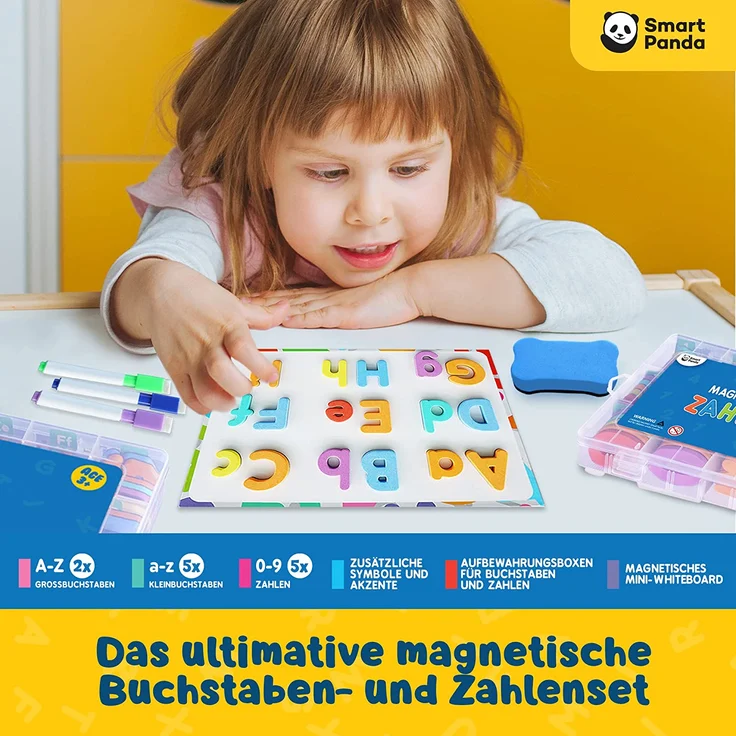 Magnetische Buchstaben und Zahlen für Kinder – Das komplette Set: 182 Buchstaben und 81 Zahlen sowie Symbole – Kühlschrankmagneten – Beinhaltet 2 Boxen, Magnettafel, Stifte und Löschschwamm – Bild 7