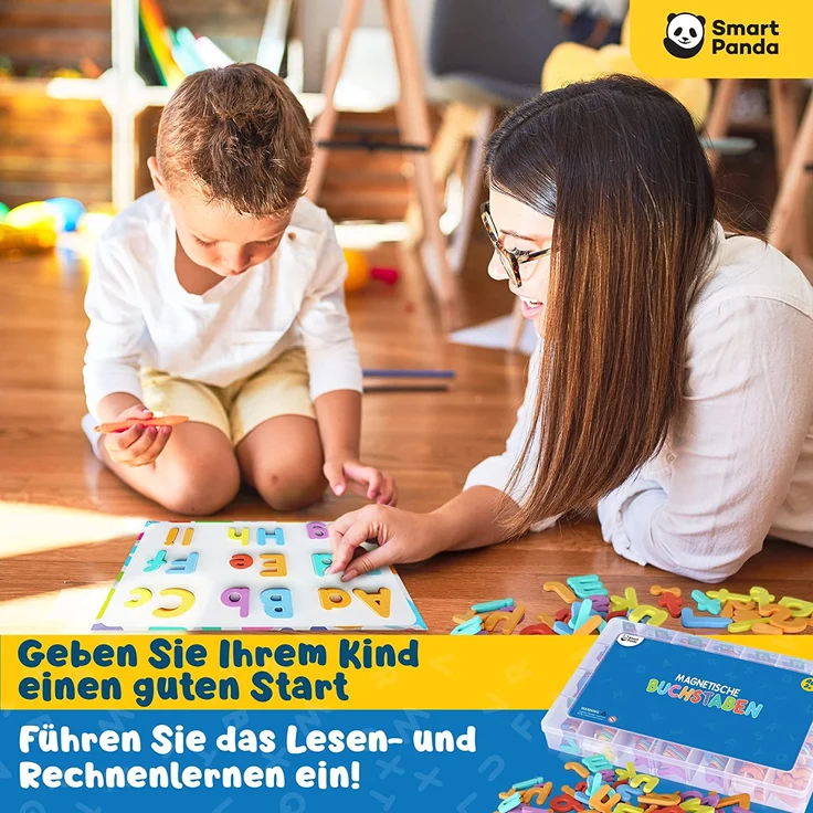 Magnetische Buchstaben und Zahlen für Kinder – Das komplette Set: 182 Buchstaben und 81 Zahlen sowie Symbole – Kühlschrankmagneten – Beinhaltet 2 Boxen, Magnettafel, Stifte und Löschschwamm – Bild 4