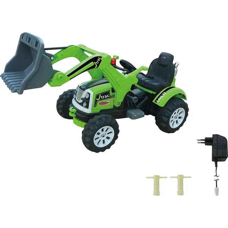 Jamara 460233 - Ride-on Traktor J-Trac Multi grün 6V – Hupe, Ein- / Ausschalter, Schaufel und Arm mechanisch heben / kippen / arretieren, bis zu 1 Std. Fahrzeit