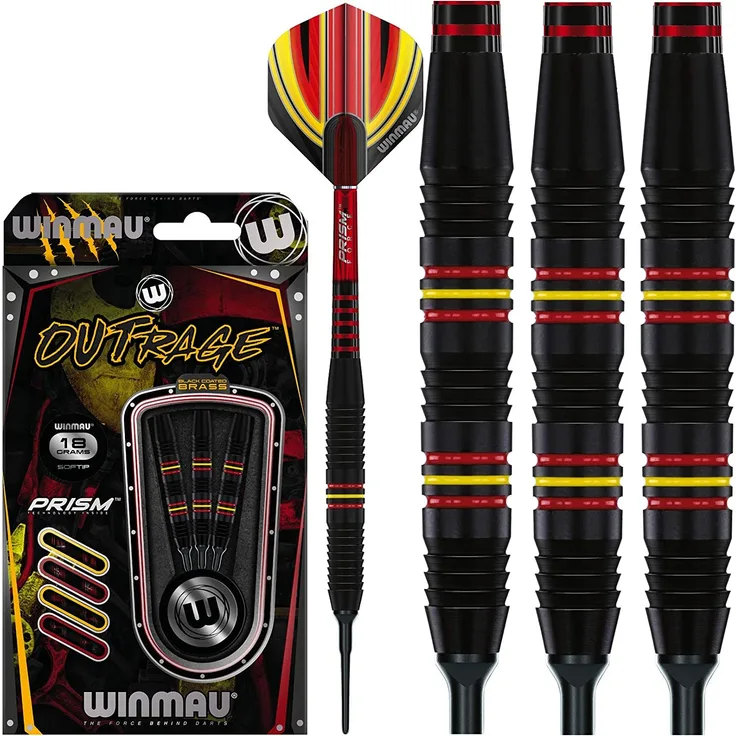 WINMAU Outrage 18 Gram Brass Softip Dartpfeile Set mit Flights und Schäfte