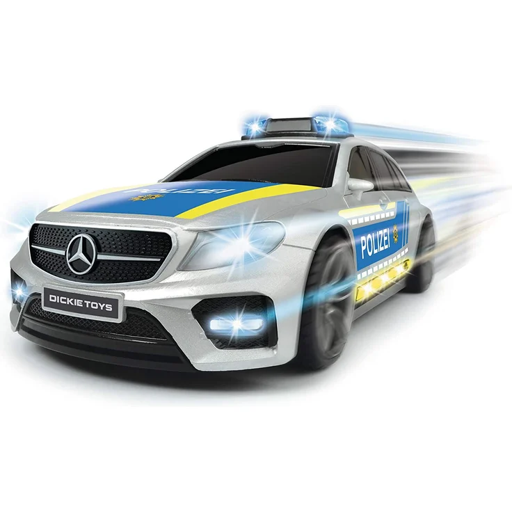 Dickie Toys 203716018 Mercedes-AMG E43 Polizeiauto, Polizei, Motor. Spielzeugauto, Heckklappe öffnet per Knopfdruck mit Hundegebell-Soundeffekt, inkl. Batterien, 30 cm, Silber/blau – Bild 5