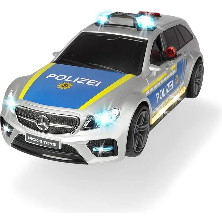 Dickie Toys 203716018 Mercedes-AMG E43 Polizeiauto, Polizei, Motor. Spielzeugauto, Heckklappe öffnet per Knopfdruck mit Hundegebell-Soundeffekt, inkl. Batterien, 30 cm, Silber/blau – Bild 1