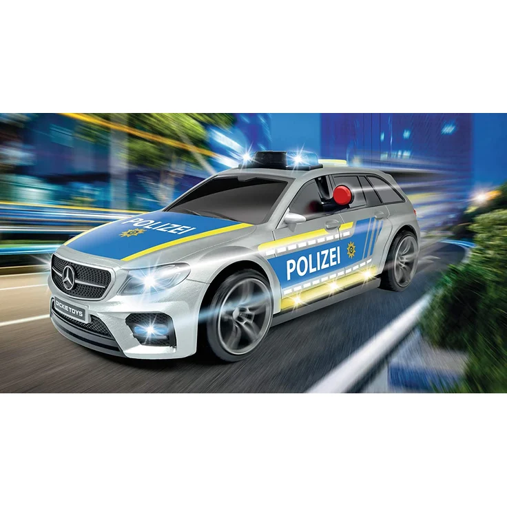 Dickie Toys 203716018 Mercedes-AMG E43 Polizeiauto, Polizei, Motor. Spielzeugauto, Heckklappe öffnet per Knopfdruck mit Hundegebell-Soundeffekt, inkl. Batterien, 30 cm, Silber/blau – Bild 6