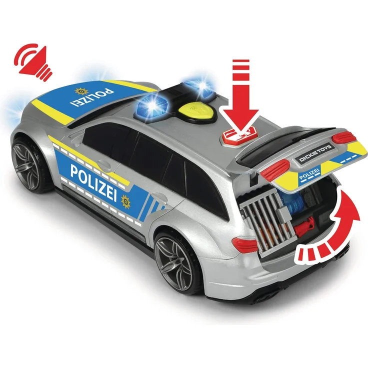 Dickie Toys 203716018 Mercedes-AMG E43 Polizeiauto, Polizei, Motor. Spielzeugauto, Heckklappe öffnet per Knopfdruck mit Hundegebell-Soundeffekt, inkl. Batterien, 30 cm, Silber/blau – Bild 3