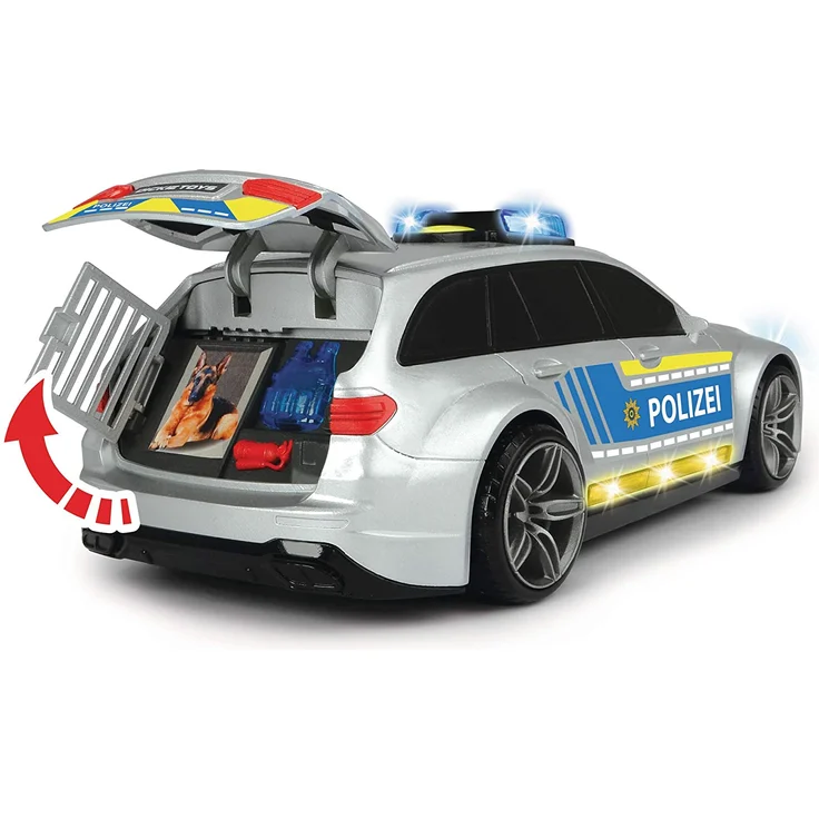 Dickie Toys 203716018 Mercedes-AMG E43 Polizeiauto, Polizei, Motor. Spielzeugauto, Heckklappe öffnet per Knopfdruck mit Hundegebell-Soundeffekt, inkl. Batterien, 30 cm, Silber/blau – Bild 4