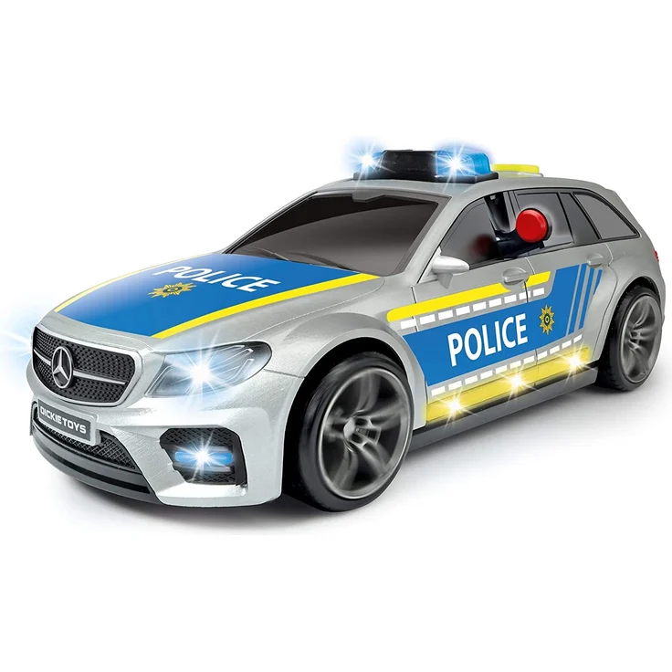 Dickie Toys 203716018 Mercedes-AMG E43 Polizeiauto, Polizei, Motor. Spielzeugauto, Heckklappe öffnet per Knopfdruck mit Hundegebell-Soundeffekt, inkl. Batterien, 30 cm, Silber/blau – Bild 2