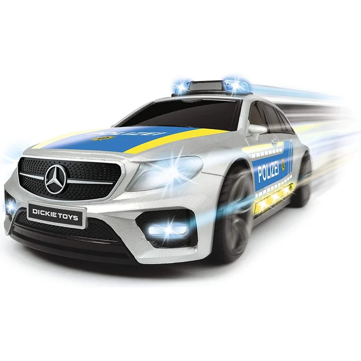 Dickie Toys 203716018 Mercedes-AMG E43 Polizeiauto, Polizei, Motor. Spielzeugauto, Heckklappe öffnet per Knopfdruck mit Hundegebell-Soundeffekt, inkl. Batterien, 30 cm, Silber/blau – Bild 8