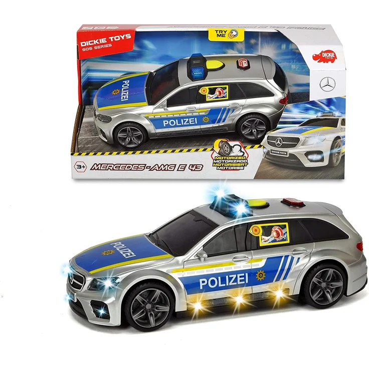 Dickie Toys 203716018 Mercedes-AMG E43 Polizeiauto, Polizei, Motor. Spielzeugauto, Heckklappe öffnet per Knopfdruck mit Hundegebell-Soundeffekt, inkl. Batterien, 30 cm, Silber/blau – Bild 7