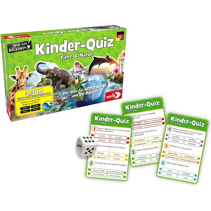 Noris 606011629 Kinder-Quiz Tiere und Natur, der Familen-Spielspaß für Zuhause oder unterwegs, für 1-6 Spieler ab 6 Jahren