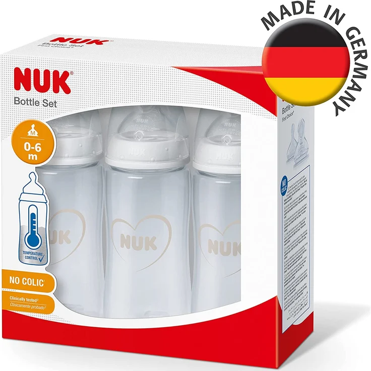 NUK First Choice+ Babyflaschen Starter Set | 0–6 Monate | 3 x Babyflasche mit Temperaturkontrolle | Anti-Colic-Ventil | BPA-frei | Herz (neutral) | 3 Stück – Bild 6