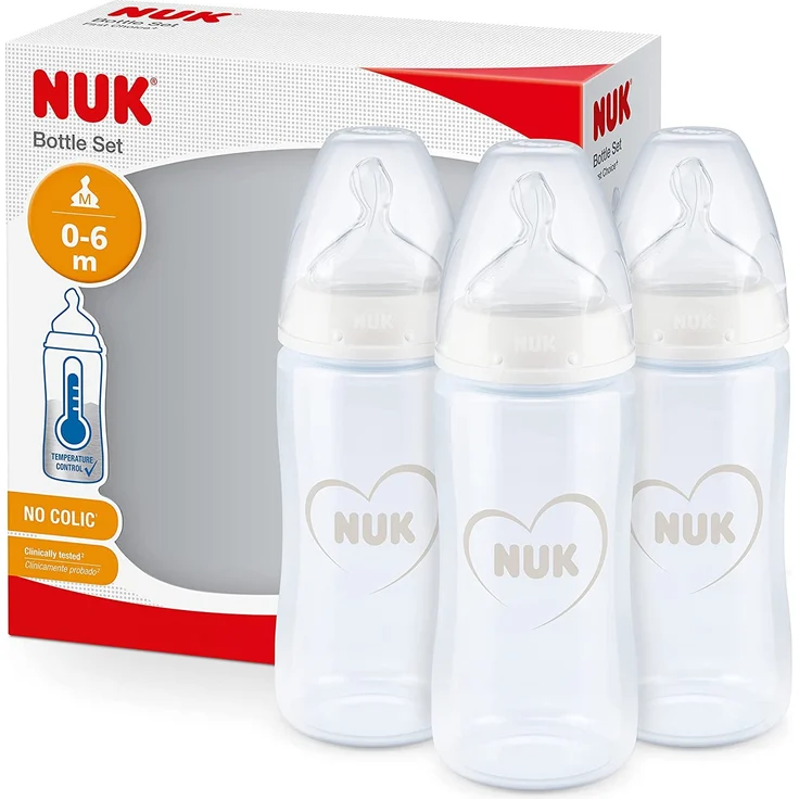 NUK First Choice+ Babyflaschen Starter Set | 0–6 Monate | 3 x Babyflasche mit Temperaturkontrolle | Anti-Colic-Ventil | BPA-frei | Herz (neutral) | 3 Stück – Bild 1