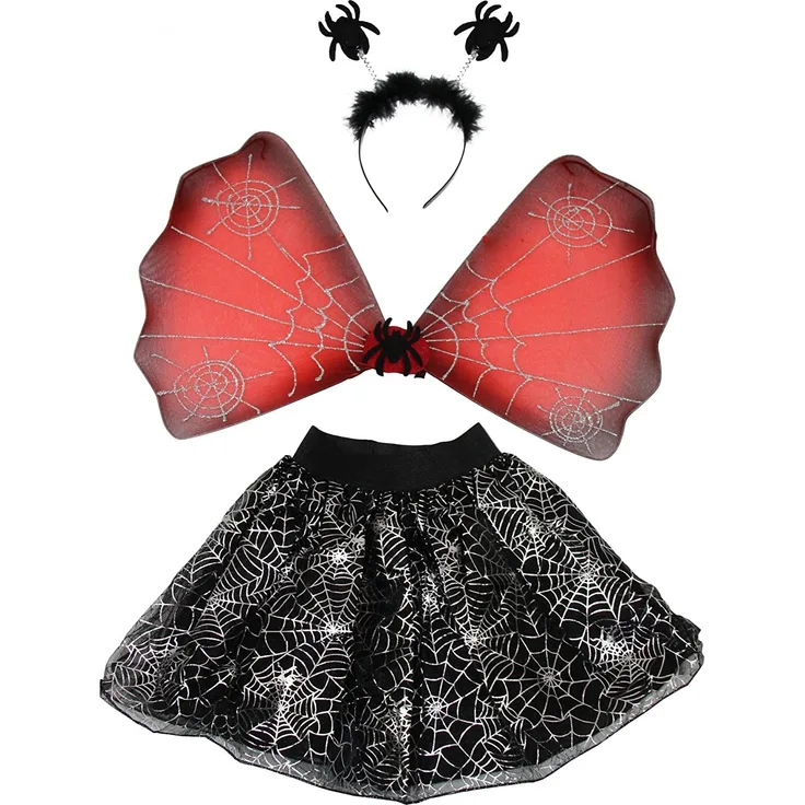 Foxxeo Halloween Set Spinnen Kostüm Set für Mädchen - TutuFlügelHarreif mit Spinnen - Mädchenkostüm Kinder Tierkostüm Kinderkostüm gruselig schwarz Horror