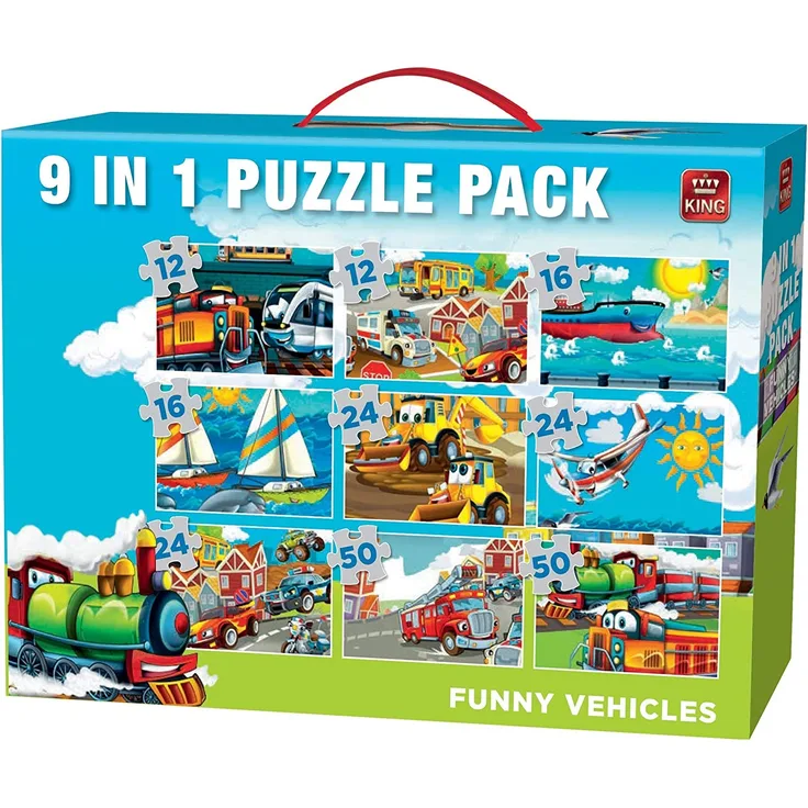 King 5520 Koffer Puzzle Pack – Funny Fahrzeuge – 9 Puzzle in 1 – Kinder – Jungen – Vol. 2