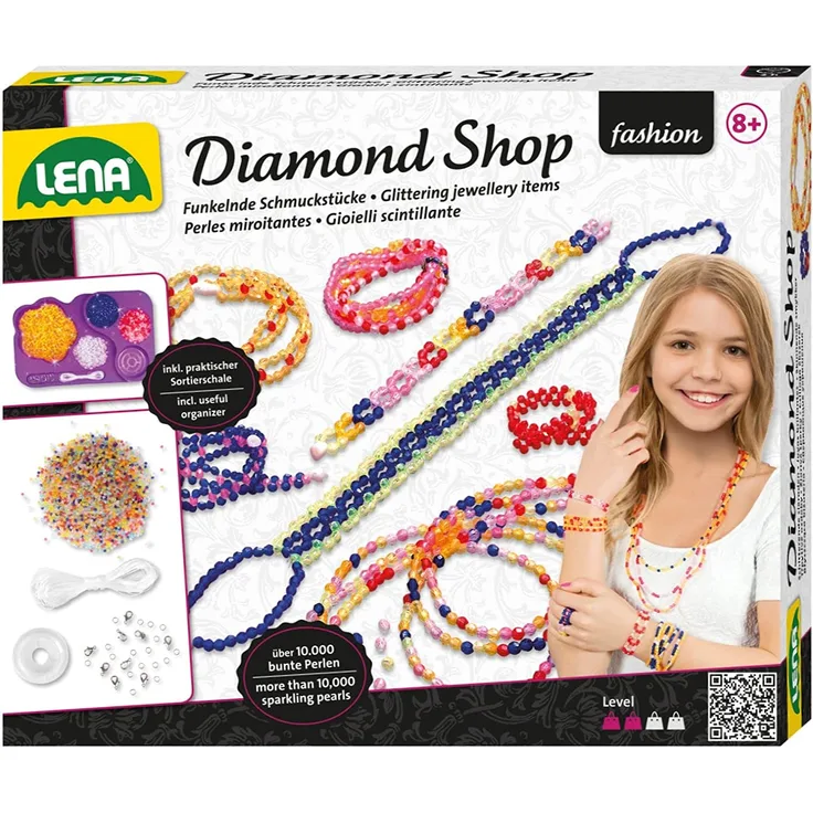 Lena 42304 - Bastelset Diamond Shop groß, Komplettset mit 10000 Fädelperlen, elastischen Fäden, Sortierschale und Anleitung, Set zum Schmuck basteln für Kinder ab 8 Jahre