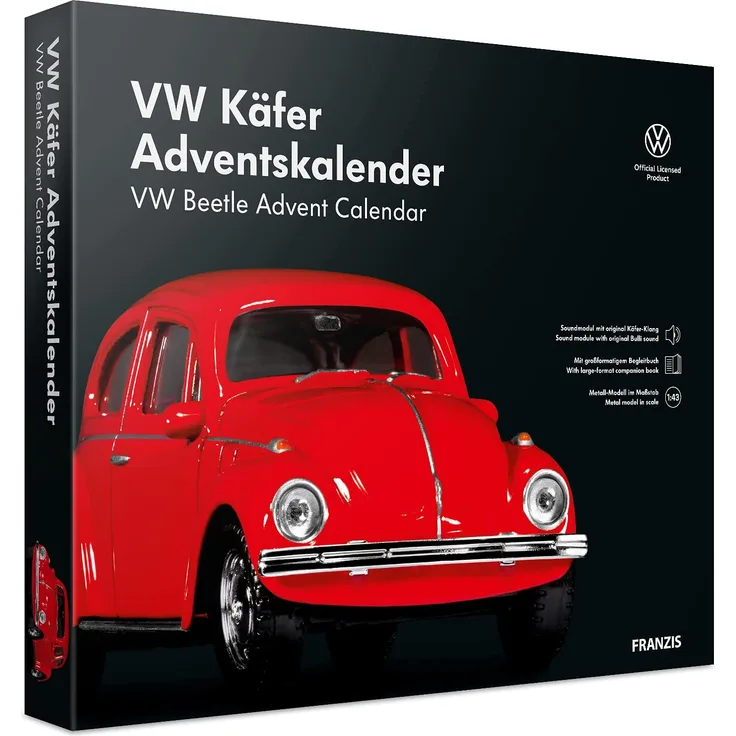 FRANZIS 55255 - VW Käfer Adventskalender 2021 rot - in 24 Schritten zum VW Käfer unterm Weihnachtsbaum, Metall-Modell 1:43, Kunststoffpodest mit integriertem Soundmodul, empfohlen ab 14 Jahren