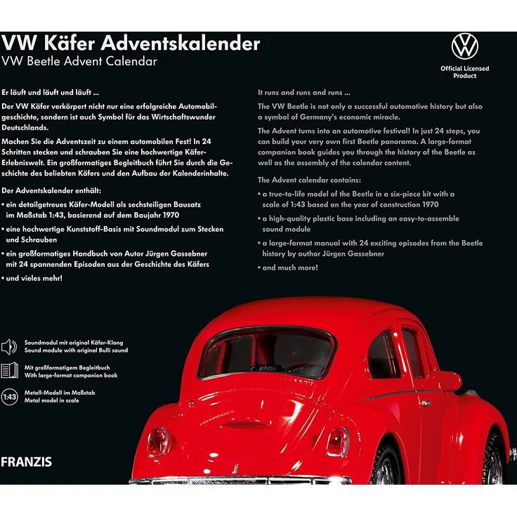 FRANZIS 55255 - VW Käfer Adventskalender 2021 rot - in 24 Schritten zum VW Käfer unterm Weihnachtsbaum, Metall-Modell 1:43, Kunststoffpodest mit integriertem Soundmodul, empfohlen ab 14 Jahren – Bild 2