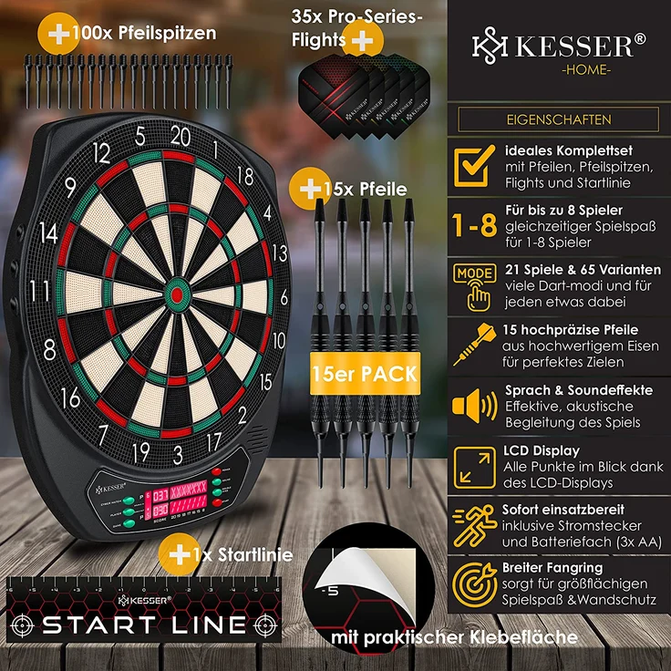 KESSER 'Elektronische Dartscheibe Profi Set', E Dartboard mit 15 Dartpfeile + 35 Pro Flights 100 Pfeilspitzen + Zubehör, Dart für 1 bis 8 Spieler, mit 65 Varianten, Classic mit LCD – Bild 2