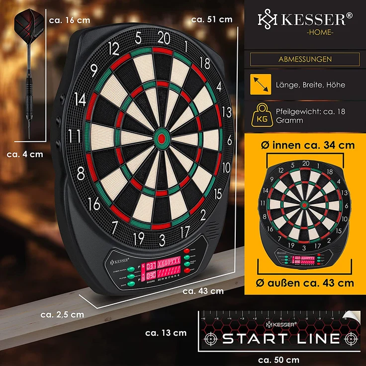 KESSER 'Elektronische Dartscheibe Profi Set', E Dartboard mit 15 Dartpfeile + 35 Pro Flights 100 Pfeilspitzen + Zubehör, Dart für 1 bis 8 Spieler, mit 65 Varianten, Classic mit LCD – Bild 7