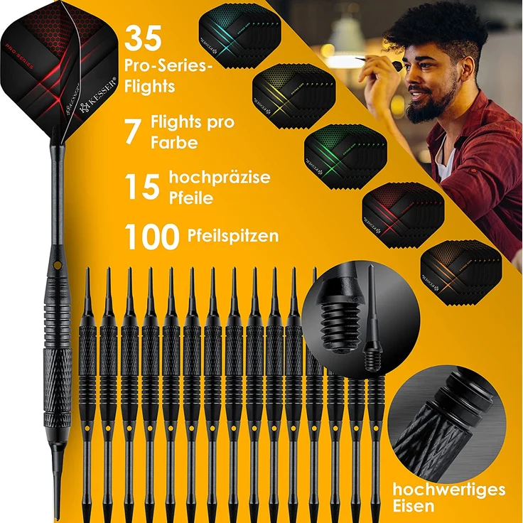 KESSER 'Elektronische Dartscheibe Profi Set', E Dartboard mit 15 Dartpfeile + 35 Pro Flights 100 Pfeilspitzen + Zubehör, Dart für 1 bis 8 Spieler, mit 65 Varianten, Classic mit LCD – Bild 4