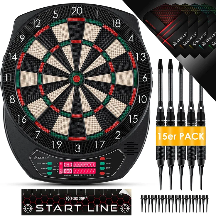 KESSER 'Elektronische Dartscheibe Profi Set', E Dartboard mit 15 Dartpfeile + 35 Pro Flights 100 Pfeilspitzen + Zubehör, Dart für 1 bis 8 Spieler, mit 65 Varianten, Classic mit LCD