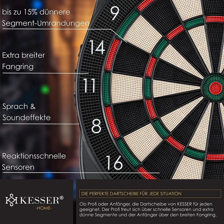 KESSER 'Elektronische Dartscheibe Profi Set', E Dartboard mit 15 Dartpfeile + 35 Pro Flights 100 Pfeilspitzen + Zubehör, Dart für 1 bis 8 Spieler, mit 65 Varianten, Classic mit LCD – Bild 5