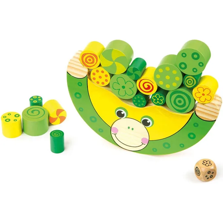 Balancierfrosch aus natürlichem Holz, 100% FSC®-zertifiziert. Motorikspielzeug inkl. Würfel, für Kinder ab 3 Jahren.