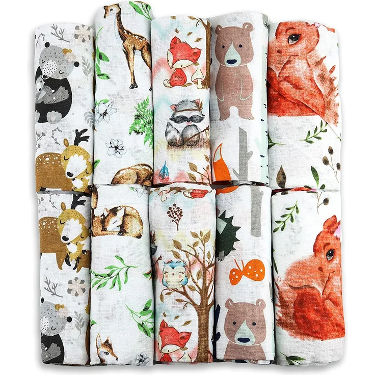 FENSILO - Mullwindeln - Mulltücher - 10er Pack 70x80 cm - Stoffwindeln, MADE IN EU, schadstoffgeprüft -Spucktücher Baby für Jungen und Mädchen– Baby Mullwindeln- Tierchen