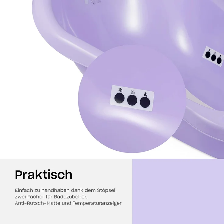 Babybadewanne für Neugeborene und Babys bis 12 Monate, mit Stöpsel und Antirutschmatte, aus BPA-freiem Plastik, Länge: 84cm, Farbe: lila, Motiv:Yeti, Marke:Hylat Baby – Bild 7
