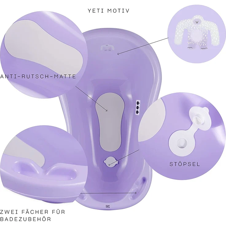 Babybadewanne für Neugeborene und Babys bis 12 Monate, mit Stöpsel und Antirutschmatte, aus BPA-freiem Plastik, Länge: 84cm, Farbe: lila, Motiv:Yeti, Marke:Hylat Baby – Bild 6