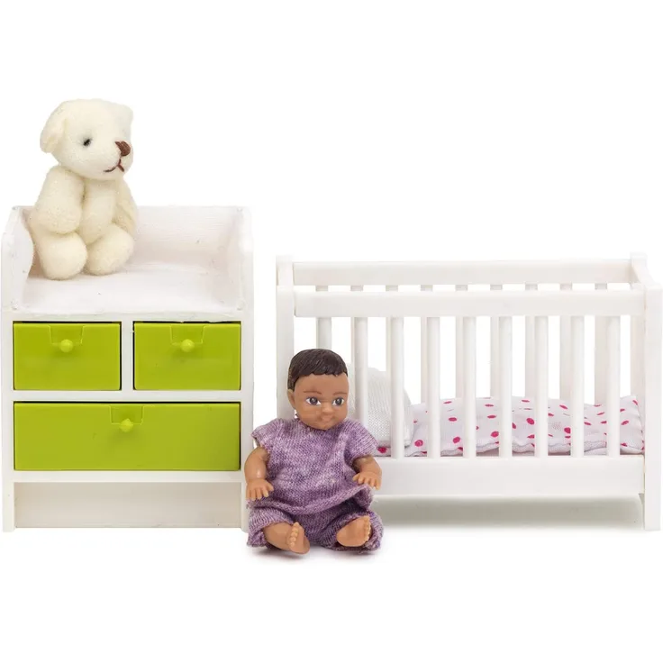 Lundby 60-209900 - Babymöbel Puppenhaus - Möbel 7-teilig - Puppenhauszubehör - Gitterbett - Babybett - Wickeltisch - Wickelkommode - Baby - Zubehör ab 4 Jahre - 11 cm Puppen - Minipuppen 1:18