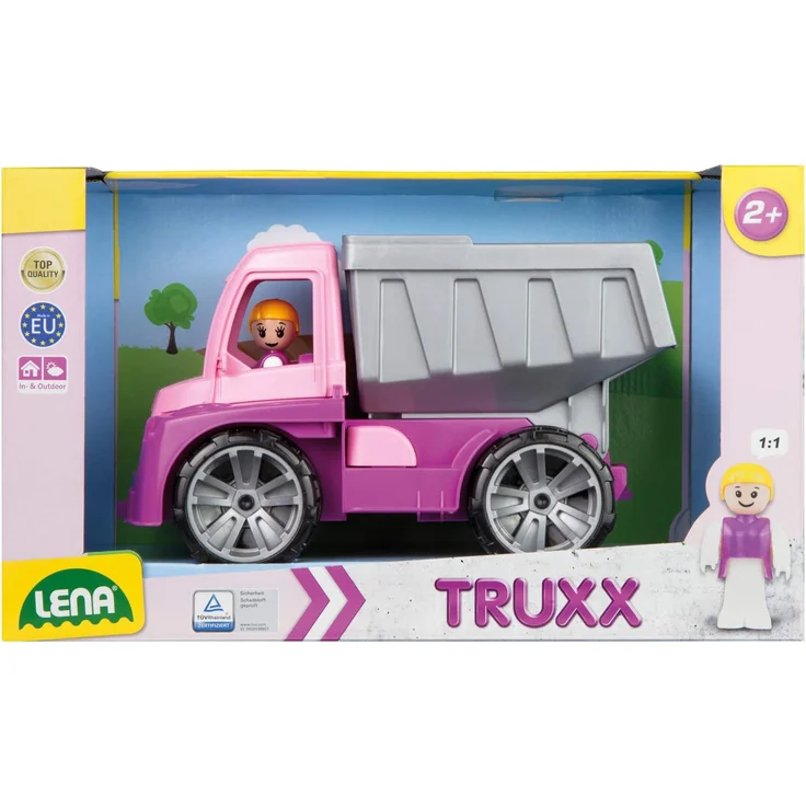 Lena 04451 TRUXX Kipper Pink, Fahrzeug ca. 27 cm, Muldenkipper LKW mit vollbeweglicher Spielfigur, robuster Kipplaster, Mulde kippbar, Spielfahrzeug für Mädchen ab 2 Jahre in rosa, lila – Bild 4