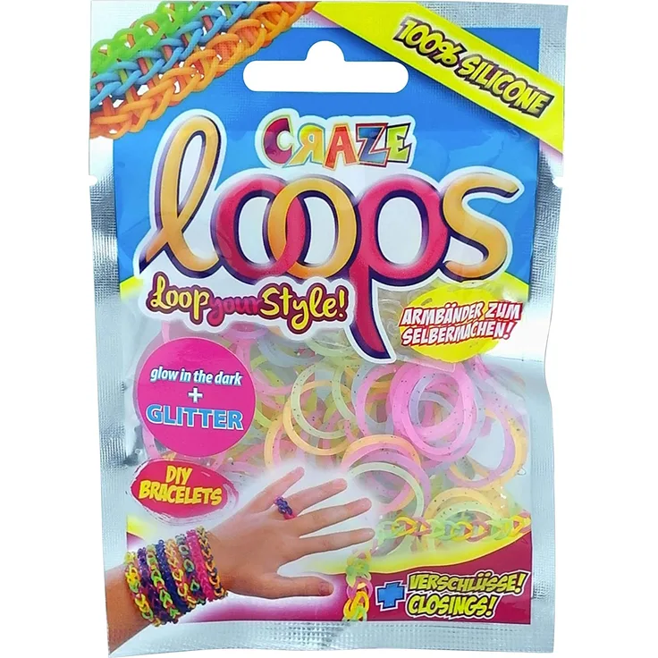 Craze 55064 Loops Foilbag Knüpfringe Silikonringe Armband Silikon Bänder Glow in The Dark Mega US-Trend 50645 Silikonbänder 50645-Loops-Knüpfringe, 100er, farbig sortiert