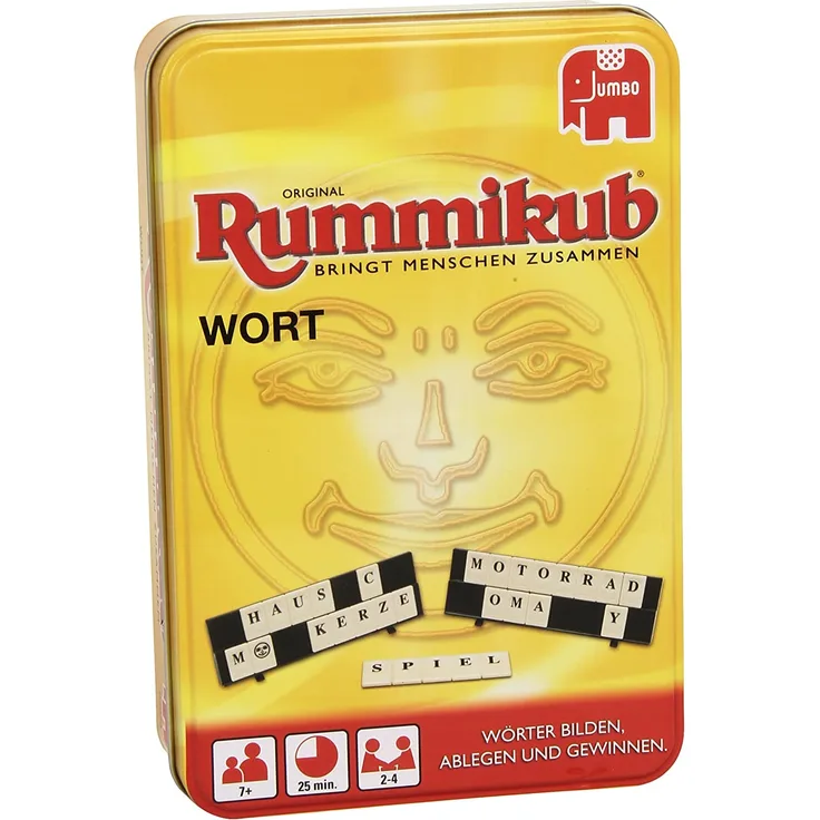 Jumbo Spiele 03974 Original Rummikub Wort Kompakt in Metalldose Gesellschaftsspiel, Ab 7 Jahren