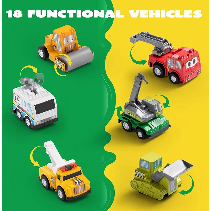 JOYIN 18 Stück Zurückziehen Stadtautos und Lastwagen Spielzeugfahrzeug-Set, Modellauto, reibungsbetriebene Druckgussautos für das Lernspiel von Kleinkindern, Jungen und Mädchen – Bild 3