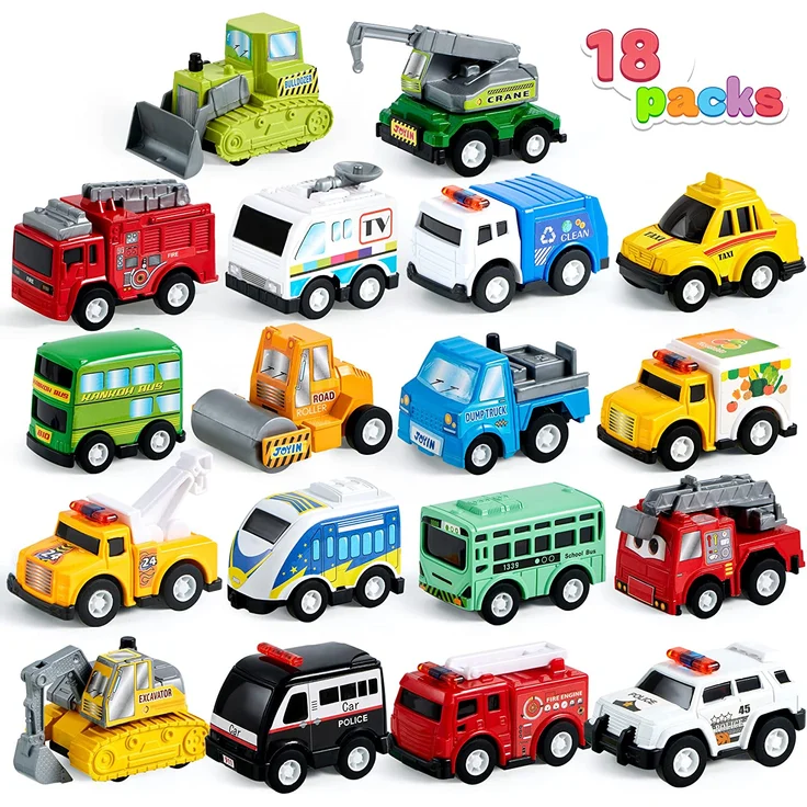 JOYIN 18 Stück Zurückziehen Stadtautos und Lastwagen Spielzeugfahrzeug-Set, Modellauto, reibungsbetriebene Druckgussautos für das Lernspiel von Kleinkindern, Jungen und Mädchen – Bild 1
