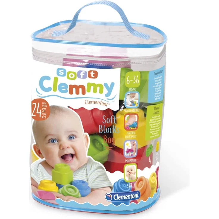 Clementoni 14889 Clemmy Bausteine, bunte Soft-Blocks im Beutel, weiches Motorikspielzeug, Babyspielzeug zum Greifen & Beißen, 24 Blöcke für Kleinkinder ab 6 Monaten – Bild 1