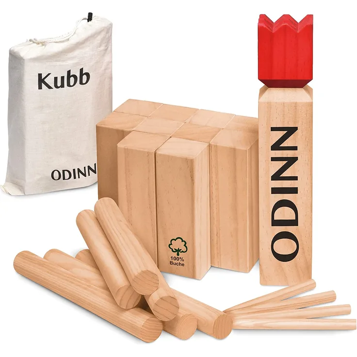 Toyfel Schwedenschach XXL Odinn - Indoor & Outdoor Kubb Spiel aus FSC® Buchenholz mit Stoffbeutel, Geschicklichkeitsspiel für Kinder & Erwachsene - Premium Wurfspiel aus robustem Massivholz