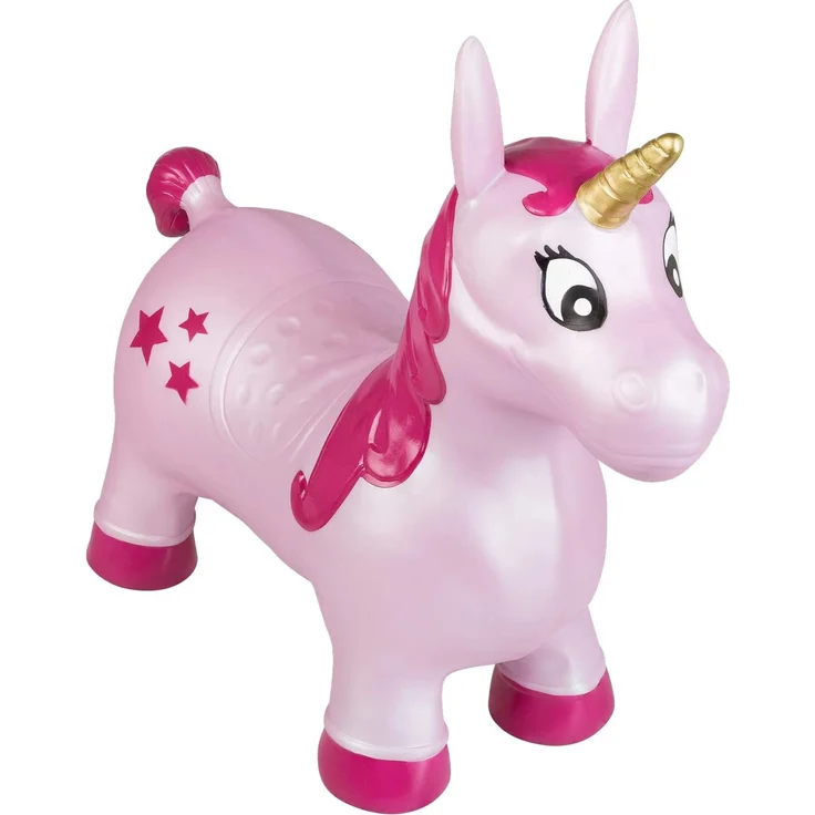 Idena Hüpfpferd Einhorn pink mit Sternen, inklusive Luftpumpe, belastbar bis 50 kg, ca. 59 x 23 x 53 cm, bunt – Bild 1