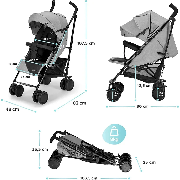 kk Kinderkraft Kinderwagen SIESTA, Leichte Reise Buggy, Verstellbare Rückenlehne, Liegeposition, Kleine Maße nach Zusammenklappen, Vergrößerbares Verdeck, Für ältere Kinder, bis 22 kg, Grau – Bild 6