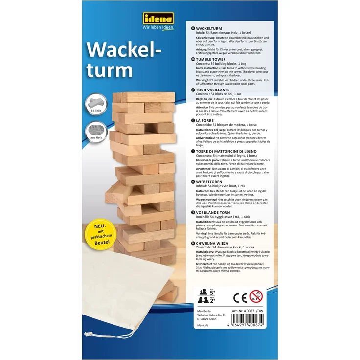 Idena 40087 - Wackelturm Spiel aus Holz, Geschicklichkeitsspiel mit 54 Bausteinen und Aufbewahrungsbeutel, ca. 8 x 8 x 26 cm großer Stapelturm – Bild 4