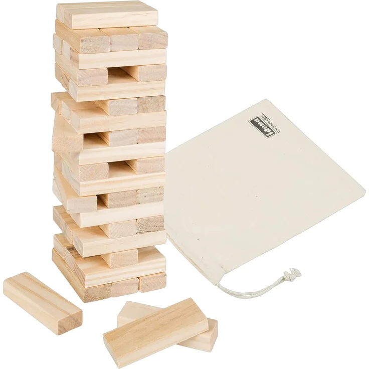 Idena 40087 - Wackelturm Spiel aus Holz, Geschicklichkeitsspiel mit 54 Bausteinen und Aufbewahrungsbeutel, ca. 8 x 8 x 26 cm großer Stapelturm – Bild 2