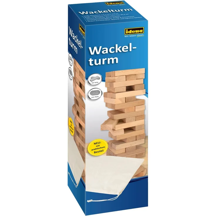 Idena 40087 - Wackelturm Spiel aus Holz, Geschicklichkeitsspiel mit 54 Bausteinen und Aufbewahrungsbeutel, ca. 8 x 8 x 26 cm großer Stapelturm – Bild 1